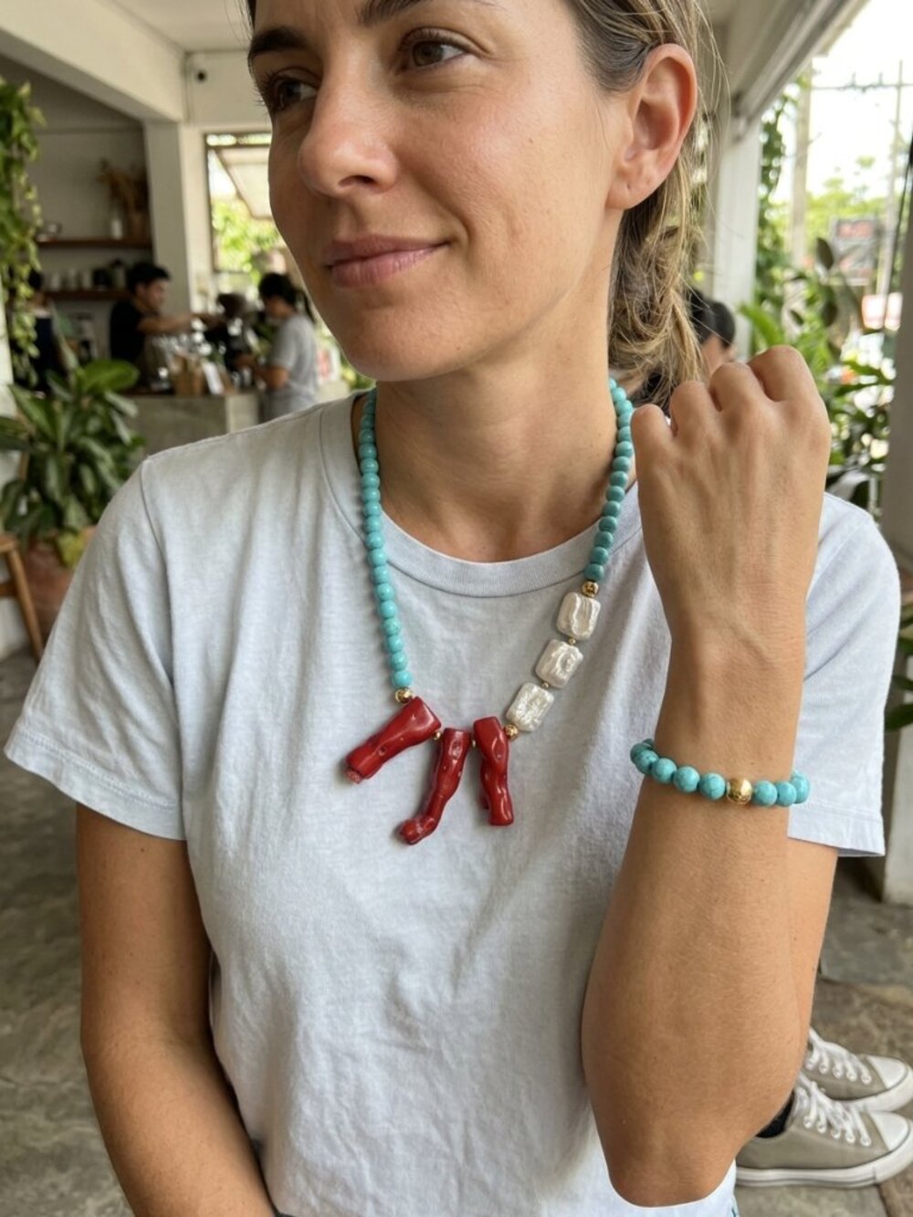 Artisan Red Coral Turquoise Pearl Necklace Matching Beaded Bracelet Set